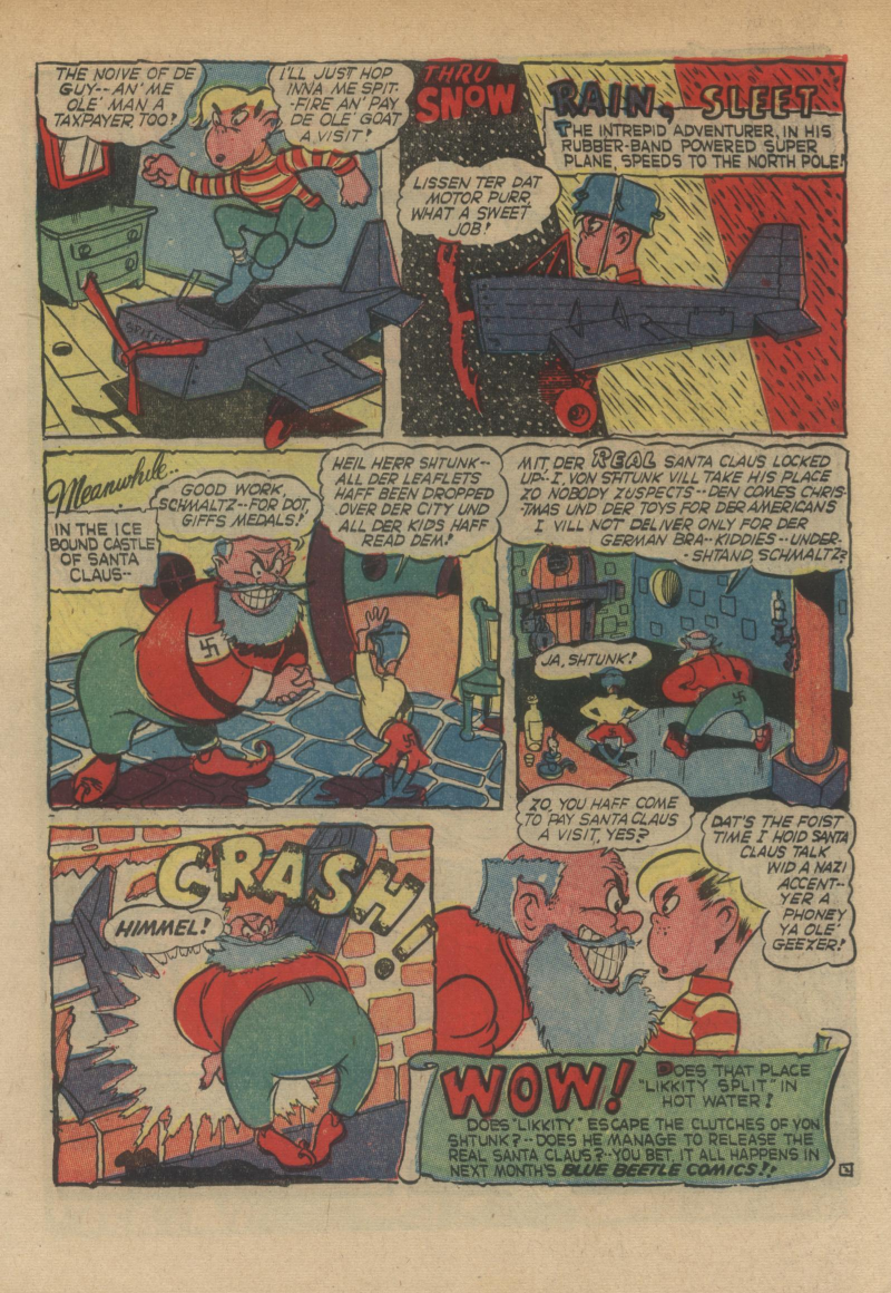Blue Beetle (Fox / Dan Garrett), page 20. Blue Beetle (Dan Garrett). Public domain in the United States for Fox/Holyoke-era issues. Not Charlton or DC. Internet Archive folkscanomy scans used when Comic Book Plus returns 403.