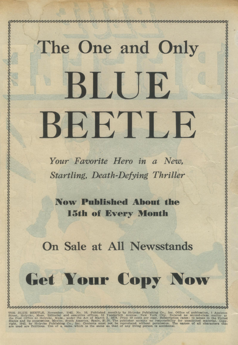 Blue Beetle (Fox / Dan Garrett), page 3. Blue Beetle (Dan Garrett). Public domain in the United States for Fox/Holyoke-era issues. Not Charlton or DC. Internet Archive folkscanomy scans used when Comic Book Plus returns 403.