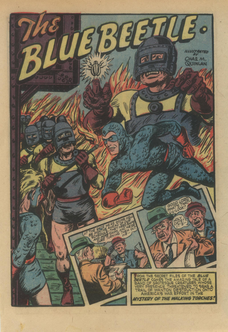Blue Beetle (Fox / Dan Garrett), page 21. Blue Beetle (Dan Garrett). Public domain in the United States for Fox/Holyoke-era issues. Not Charlton or DC. Internet Archive folkscanomy scans used when Comic Book Plus returns 403.
