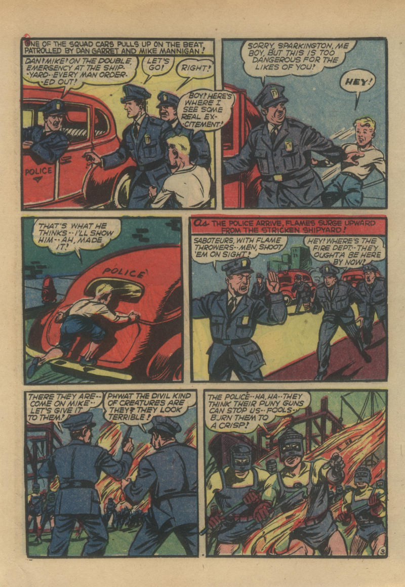 Blue Beetle (Fox / Dan Garrett), page 23. Blue Beetle (Dan Garrett). Public domain in the United States for Fox/Holyoke-era issues. Not Charlton or DC. Internet Archive folkscanomy scans used when Comic Book Plus returns 403.