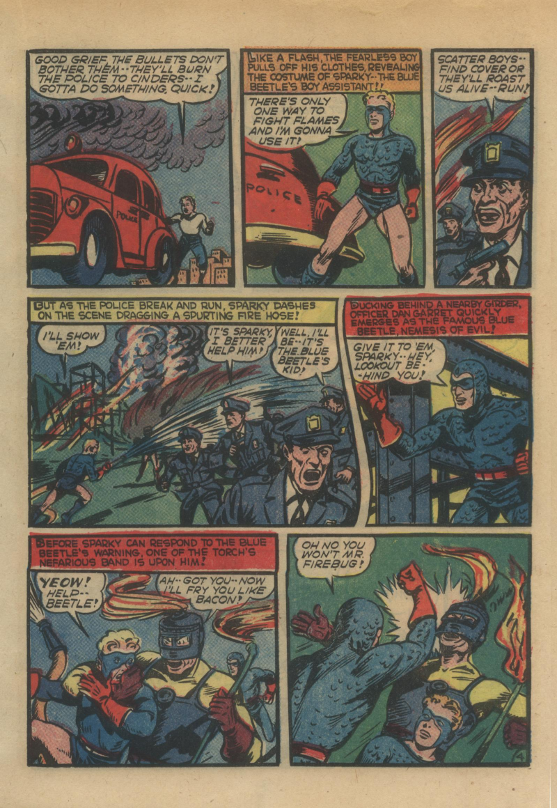 Blue Beetle (Fox / Dan Garrett), page 24. Blue Beetle (Dan Garrett). Public domain in the United States for Fox/Holyoke-era issues. Not Charlton or DC. Internet Archive folkscanomy scans used when Comic Book Plus returns 403.