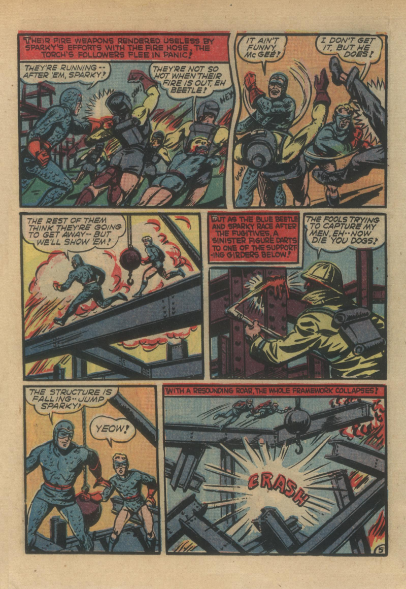 Blue Beetle (Fox / Dan Garrett), page 25. Blue Beetle (Dan Garrett). Public domain in the United States for Fox/Holyoke-era issues. Not Charlton or DC. Internet Archive folkscanomy scans used when Comic Book Plus returns 403.