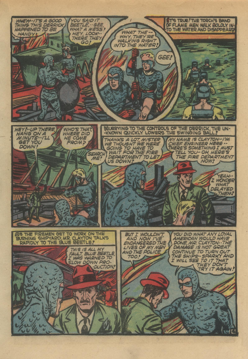 Blue Beetle (Fox / Dan Garrett), page 26. Blue Beetle (Dan Garrett). Public domain in the United States for Fox/Holyoke-era issues. Not Charlton or DC. Internet Archive folkscanomy scans used when Comic Book Plus returns 403.