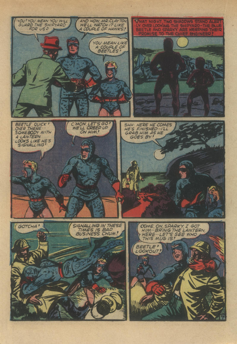 Blue Beetle (Fox / Dan Garrett), page 27. Blue Beetle (Dan Garrett). Public domain in the United States for Fox/Holyoke-era issues. Not Charlton or DC. Internet Archive folkscanomy scans used when Comic Book Plus returns 403.