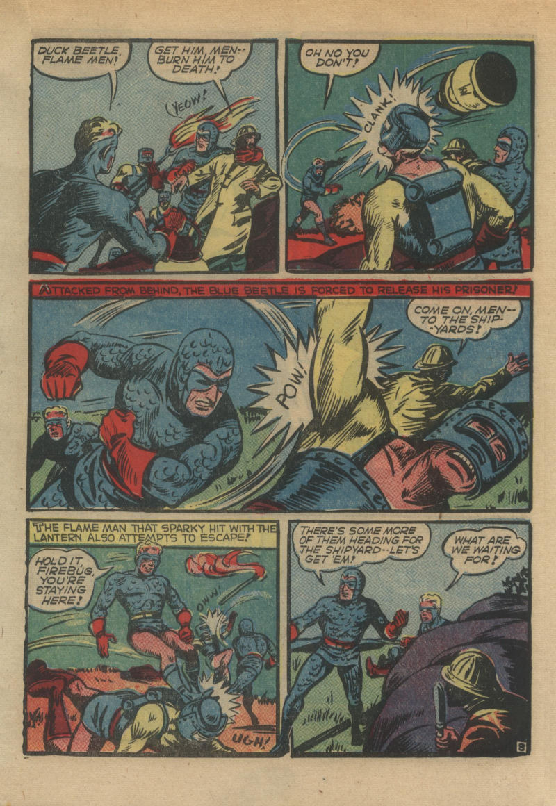 Blue Beetle (Fox / Dan Garrett), page 28. Blue Beetle (Dan Garrett). Public domain in the United States for Fox/Holyoke-era issues. Not Charlton or DC. Internet Archive folkscanomy scans used when Comic Book Plus returns 403.