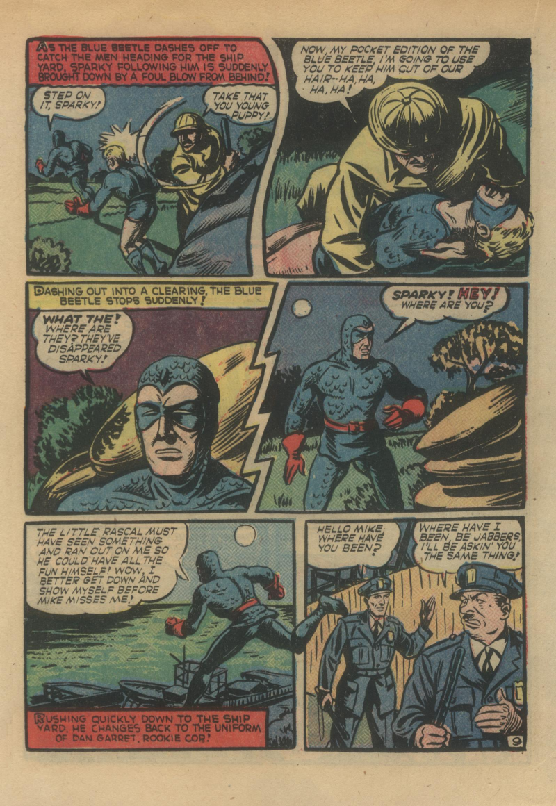 Blue Beetle (Fox / Dan Garrett), page 29. Blue Beetle (Dan Garrett). Public domain in the United States for Fox/Holyoke-era issues. Not Charlton or DC. Internet Archive folkscanomy scans used when Comic Book Plus returns 403.