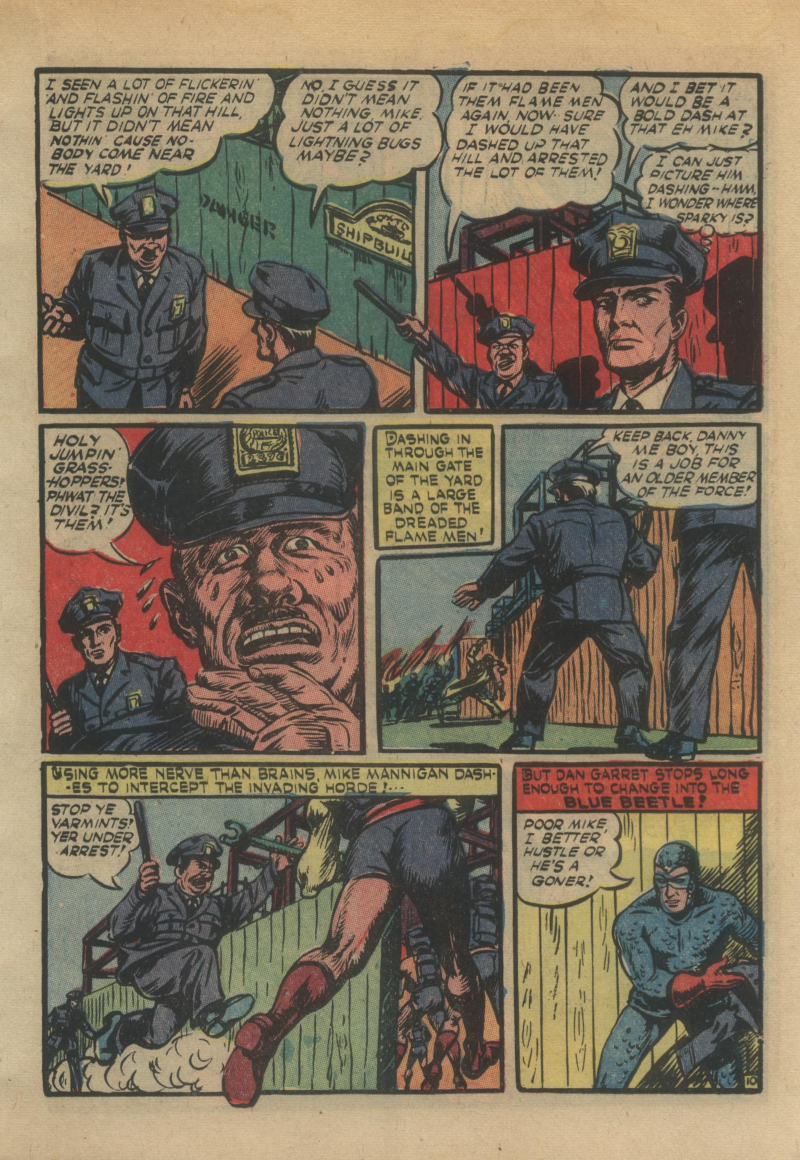 Blue Beetle (Fox / Dan Garrett), page 30. Blue Beetle (Dan Garrett). Public domain in the United States for Fox/Holyoke-era issues. Not Charlton or DC. Internet Archive folkscanomy scans used when Comic Book Plus returns 403.