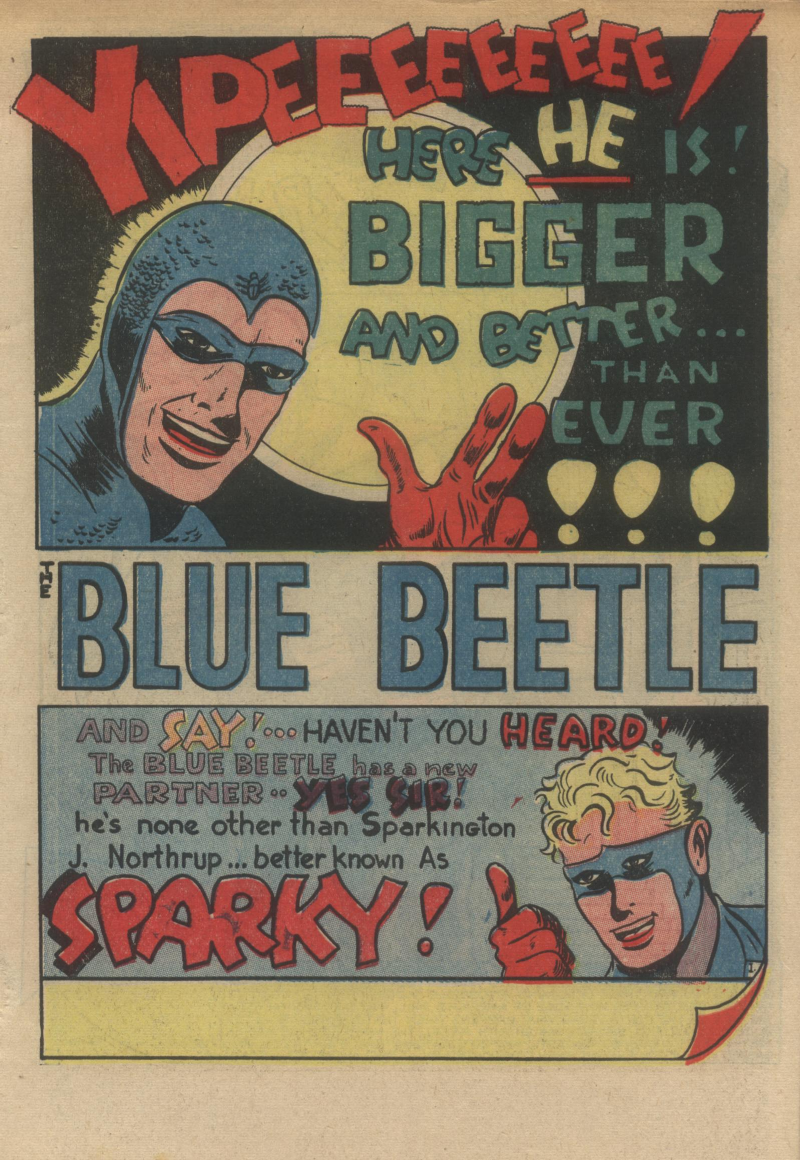 Blue Beetle (Fox / Dan Garrett), page 4. Blue Beetle (Dan Garrett). Public domain in the United States for Fox/Holyoke-era issues. Not Charlton or DC. Internet Archive folkscanomy scans used when Comic Book Plus returns 403.