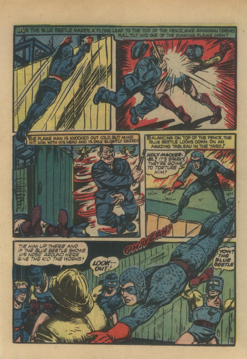 Blue Beetle (Fox / Dan Garrett), page 31. Blue Beetle (Dan Garrett). Public domain in the United States for Fox/Holyoke-era issues. Not Charlton or DC. Internet Archive folkscanomy scans used when Comic Book Plus returns 403.