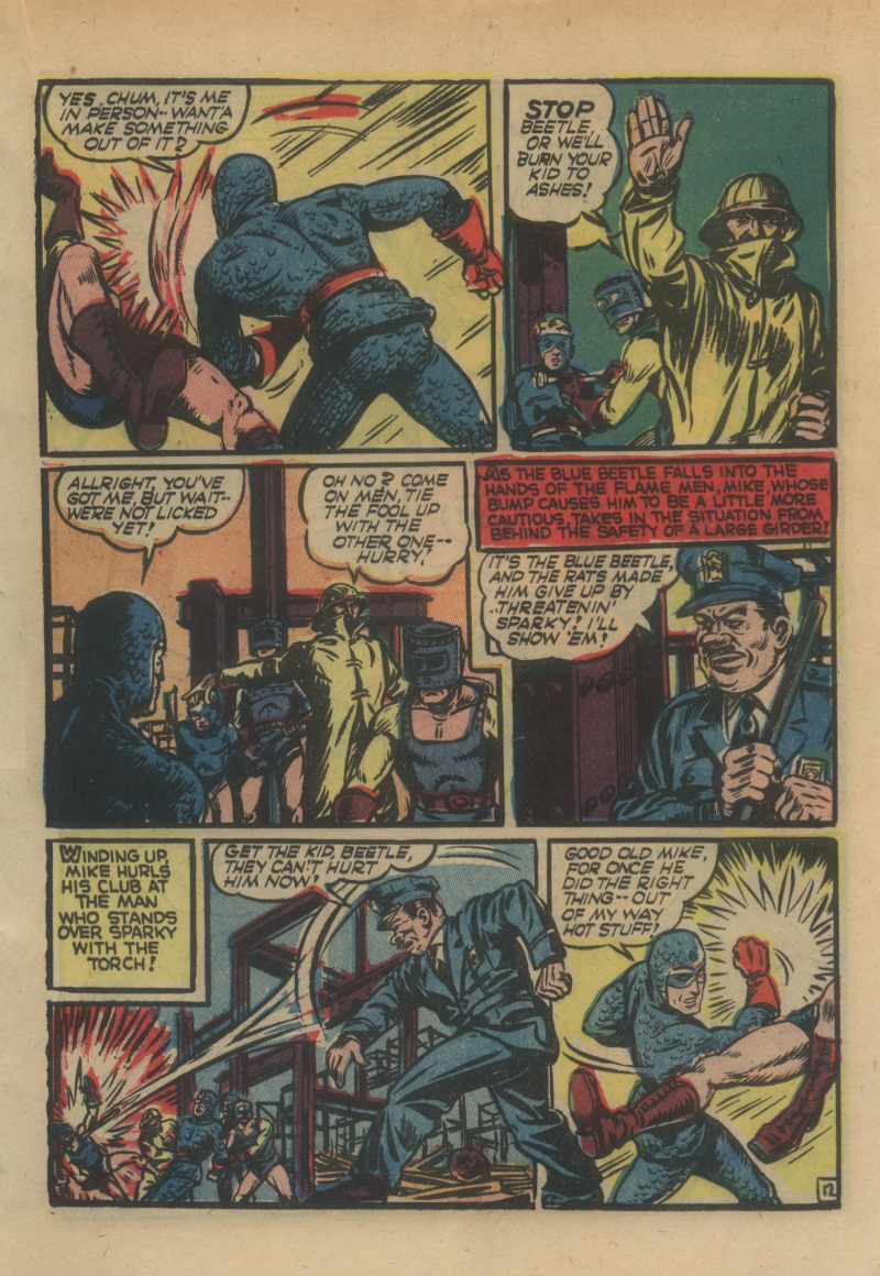 Blue Beetle (Fox / Dan Garrett), page 32. Blue Beetle (Dan Garrett). Public domain in the United States for Fox/Holyoke-era issues. Not Charlton or DC. Internet Archive folkscanomy scans used when Comic Book Plus returns 403.
