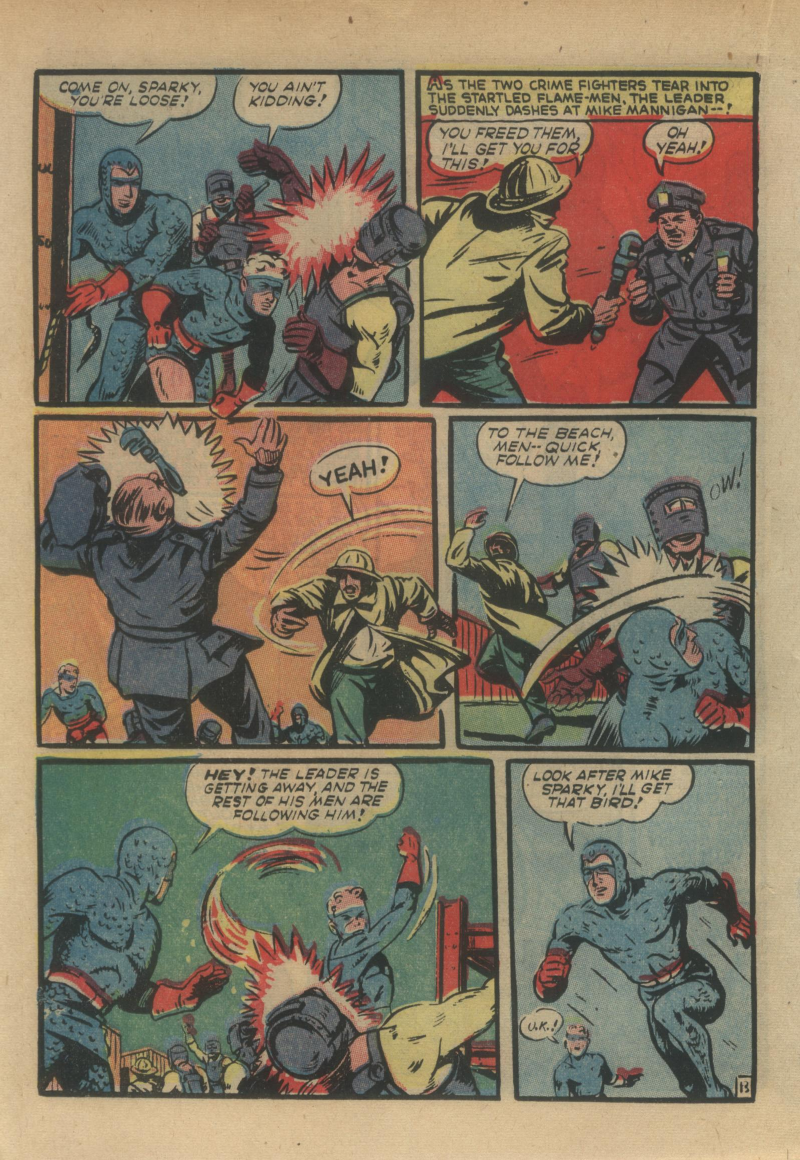 Blue Beetle (Fox / Dan Garrett), page 33. Blue Beetle (Dan Garrett). Public domain in the United States for Fox/Holyoke-era issues. Not Charlton or DC. Internet Archive folkscanomy scans used when Comic Book Plus returns 403.