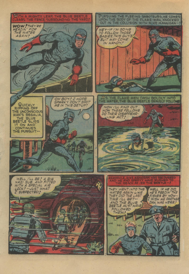 Blue Beetle (Fox / Dan Garrett), page 34. Blue Beetle (Dan Garrett). Public domain in the United States for Fox/Holyoke-era issues. Not Charlton or DC. Internet Archive folkscanomy scans used when Comic Book Plus returns 403.