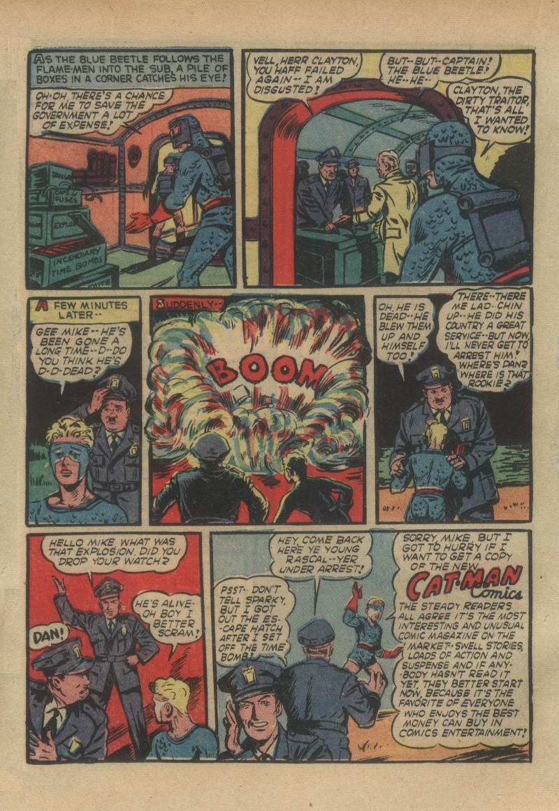 Blue Beetle (Fox / Dan Garrett), page 35. Blue Beetle (Dan Garrett). Public domain in the United States for Fox/Holyoke-era issues. Not Charlton or DC. Internet Archive folkscanomy scans used when Comic Book Plus returns 403.