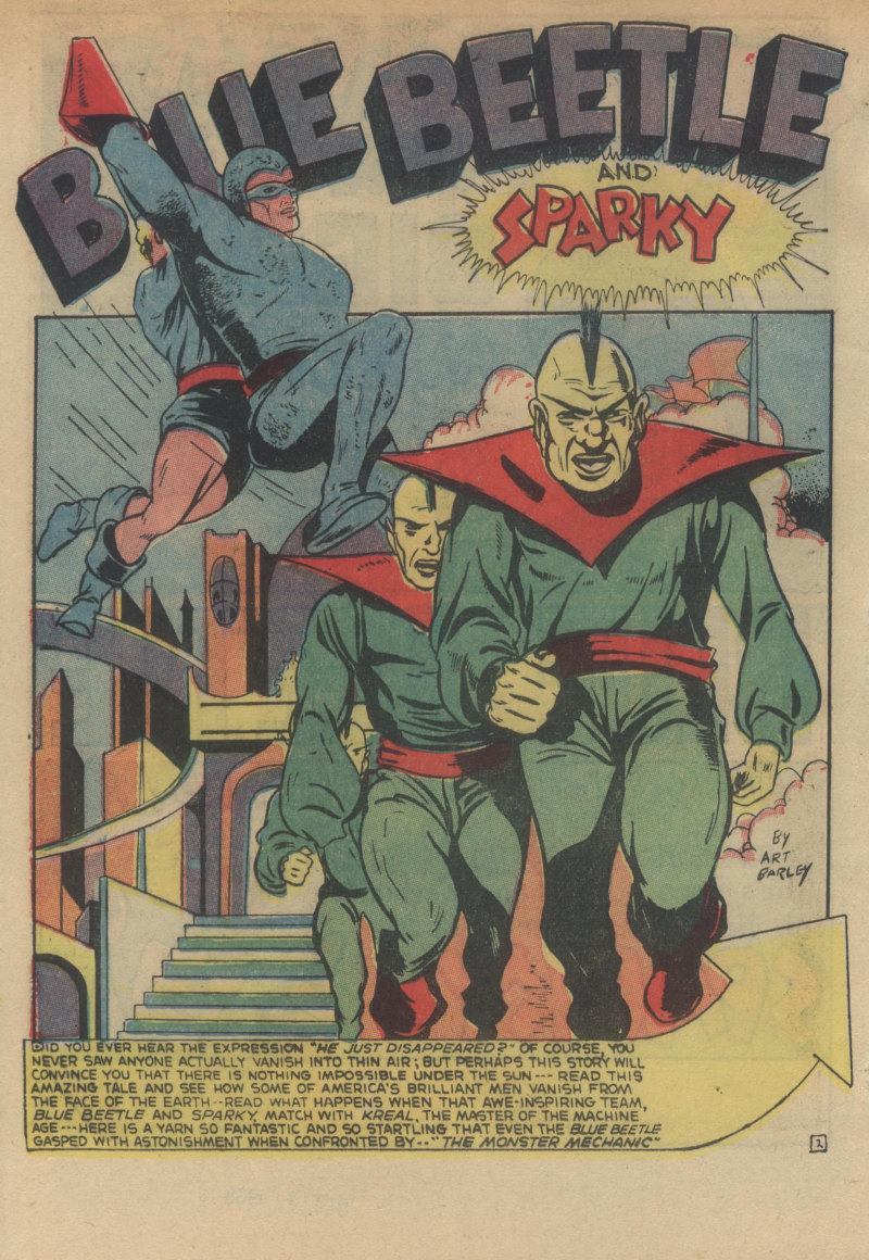 Blue Beetle (Fox / Dan Garrett), page 5. Blue Beetle (Dan Garrett). Public domain in the United States for Fox/Holyoke-era issues. Not Charlton or DC. Internet Archive folkscanomy scans used when Comic Book Plus returns 403.
