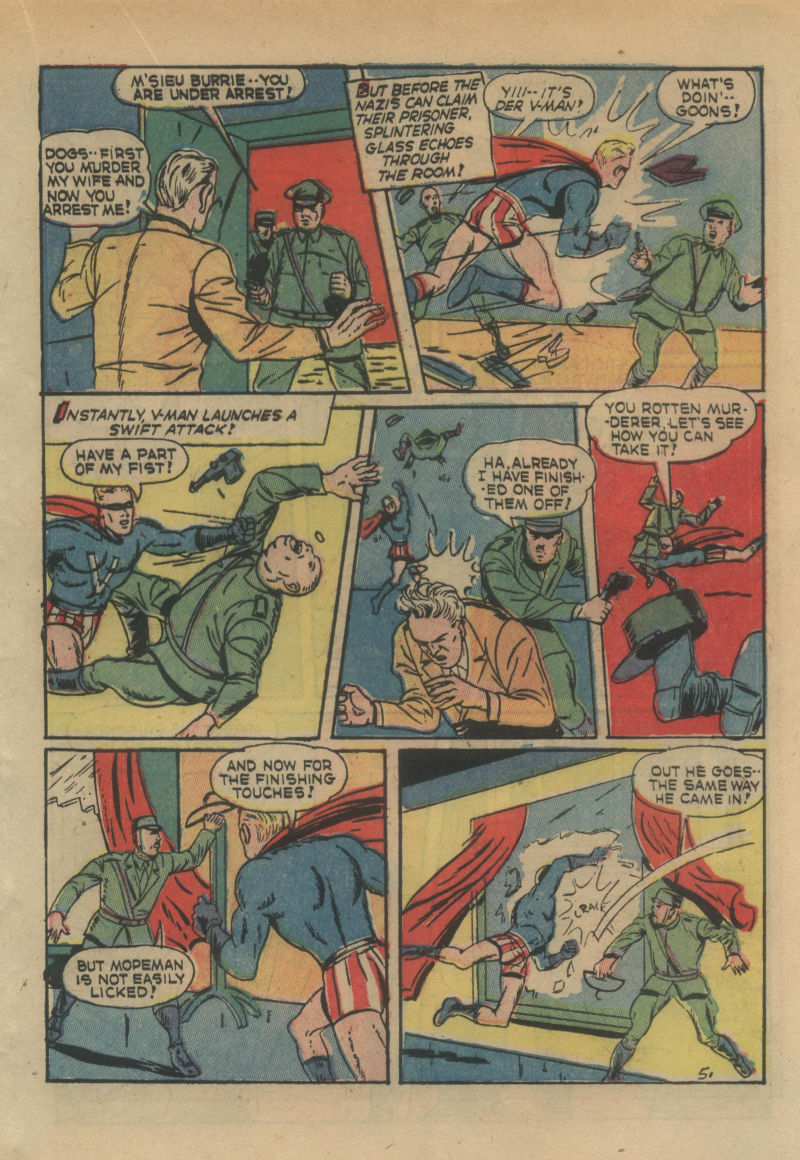 Blue Beetle (Fox / Dan Garrett), page 42. Blue Beetle (Dan Garrett). Public domain in the United States for Fox/Holyoke-era issues. Not Charlton or DC. Internet Archive folkscanomy scans used when Comic Book Plus returns 403.