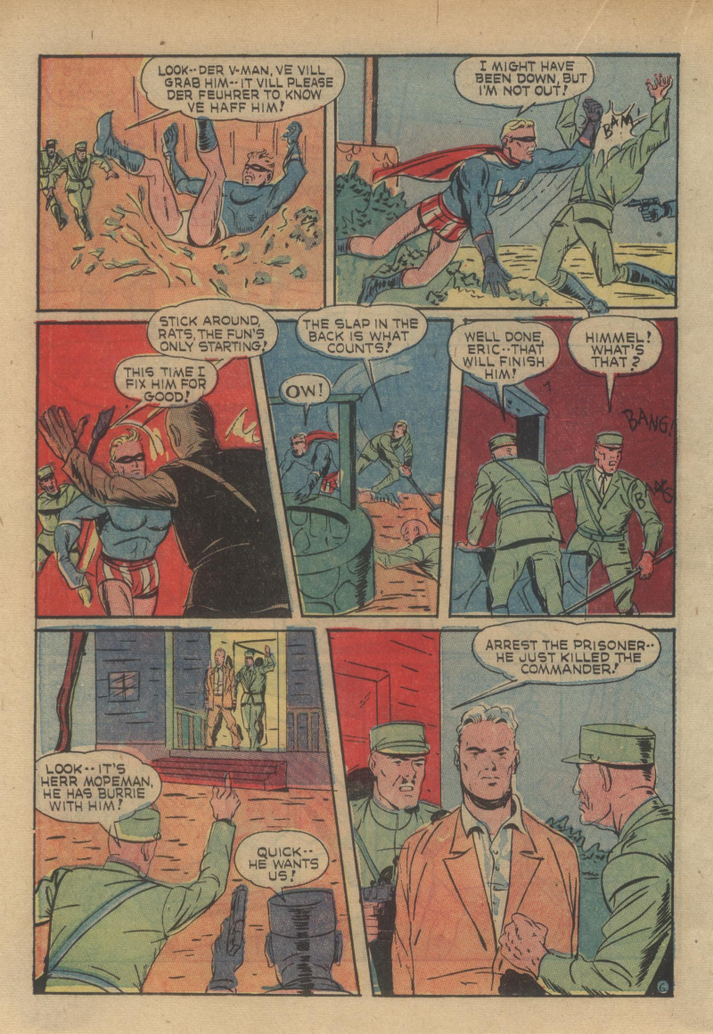 Blue Beetle (Fox / Dan Garrett), page 43. Blue Beetle (Dan Garrett). Public domain in the United States for Fox/Holyoke-era issues. Not Charlton or DC. Internet Archive folkscanomy scans used when Comic Book Plus returns 403.