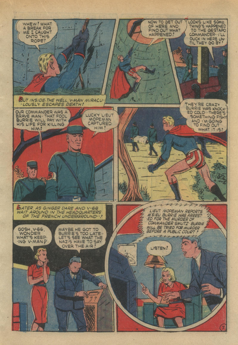 Blue Beetle (Fox / Dan Garrett), page 44. Blue Beetle (Dan Garrett). Public domain in the United States for Fox/Holyoke-era issues. Not Charlton or DC. Internet Archive folkscanomy scans used when Comic Book Plus returns 403.