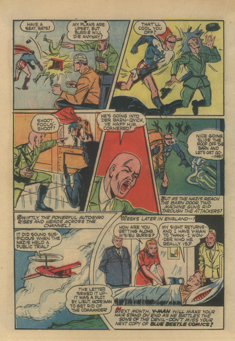 Blue Beetle (Fox / Dan Garrett), page 47. Blue Beetle (Dan Garrett). Public domain in the United States for Fox/Holyoke-era issues. Not Charlton or DC. Internet Archive folkscanomy scans used when Comic Book Plus returns 403.