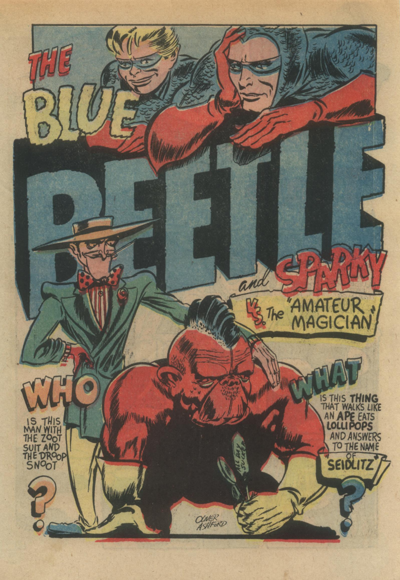Blue Beetle (Fox / Dan Garrett), page 54. Blue Beetle (Dan Garrett). Public domain in the United States for Fox/Holyoke-era issues. Not Charlton or DC. Internet Archive folkscanomy scans used when Comic Book Plus returns 403.