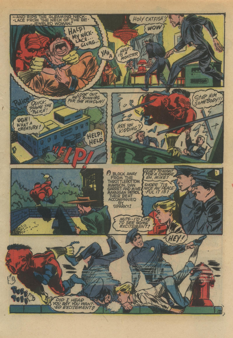 Blue Beetle (Fox / Dan Garrett), page 56. Blue Beetle (Dan Garrett). Public domain in the United States for Fox/Holyoke-era issues. Not Charlton or DC. Internet Archive folkscanomy scans used when Comic Book Plus returns 403.