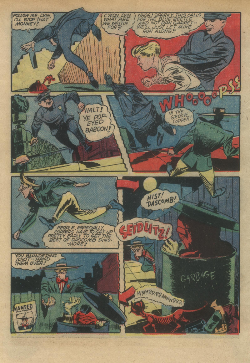 Blue Beetle (Fox / Dan Garrett), page 57. Blue Beetle (Dan Garrett). Public domain in the United States for Fox/Holyoke-era issues. Not Charlton or DC. Internet Archive folkscanomy scans used when Comic Book Plus returns 403.