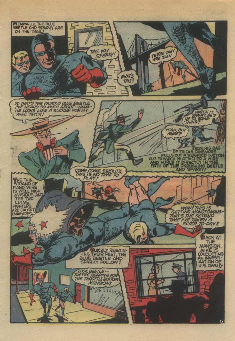 Blue Beetle (Fox / Dan Garrett), page 58. Blue Beetle (Dan Garrett). Public domain in the United States for Fox/Holyoke-era issues. Not Charlton or DC. Internet Archive folkscanomy scans used when Comic Book Plus returns 403.