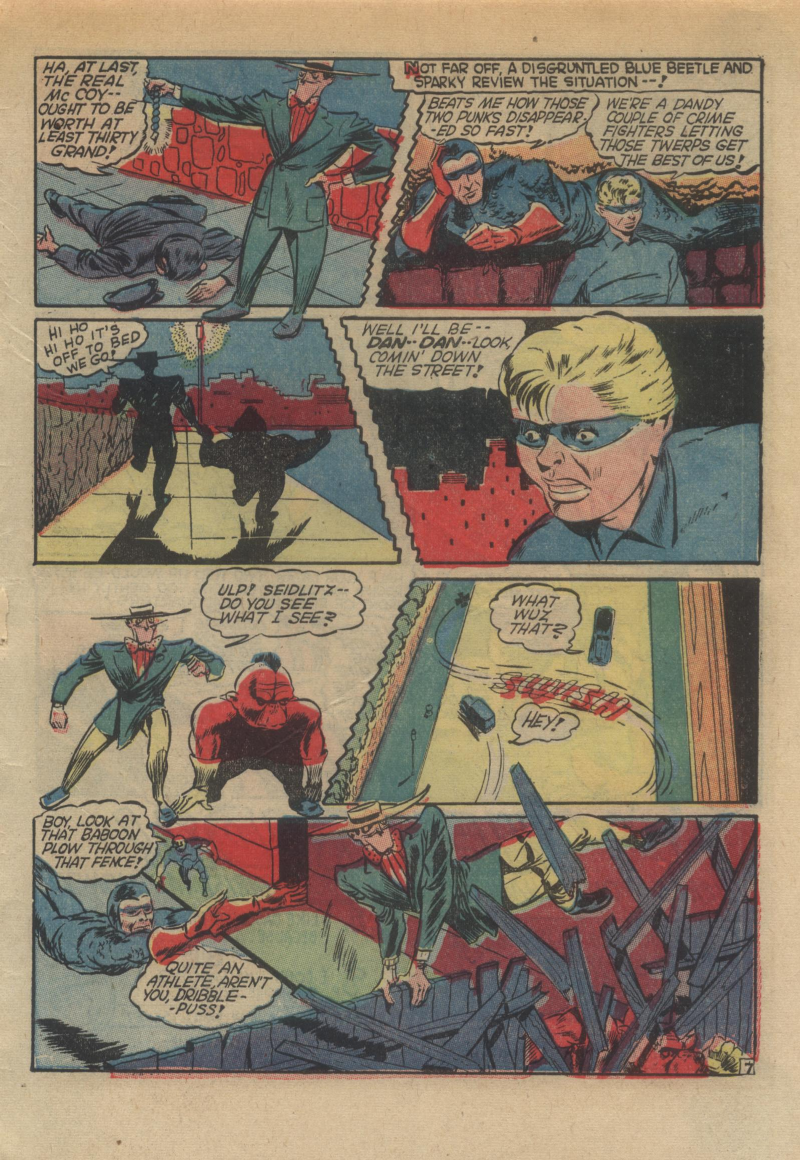 Blue Beetle (Fox / Dan Garrett), page 60. Blue Beetle (Dan Garrett). Public domain in the United States for Fox/Holyoke-era issues. Not Charlton or DC. Internet Archive folkscanomy scans used when Comic Book Plus returns 403.