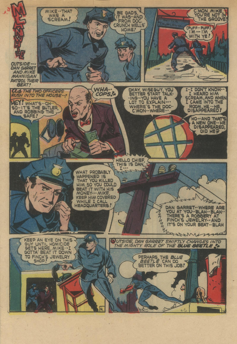 Blue Beetle (Fox / Dan Garrett), page 7. Blue Beetle (Dan Garrett). Public domain in the United States for Fox/Holyoke-era issues. Not Charlton or DC. Internet Archive folkscanomy scans used when Comic Book Plus returns 403.