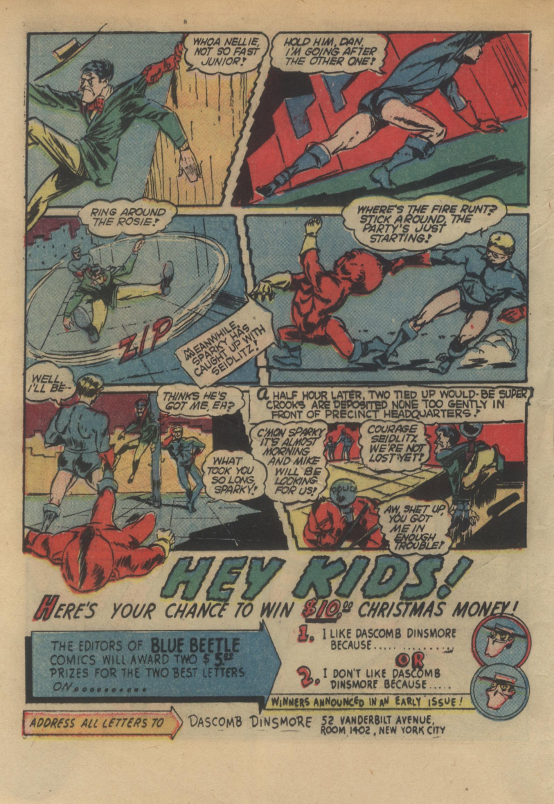 Blue Beetle (Fox / Dan Garrett), page 61. Blue Beetle (Dan Garrett). Public domain in the United States for Fox/Holyoke-era issues. Not Charlton or DC. Internet Archive folkscanomy scans used when Comic Book Plus returns 403.