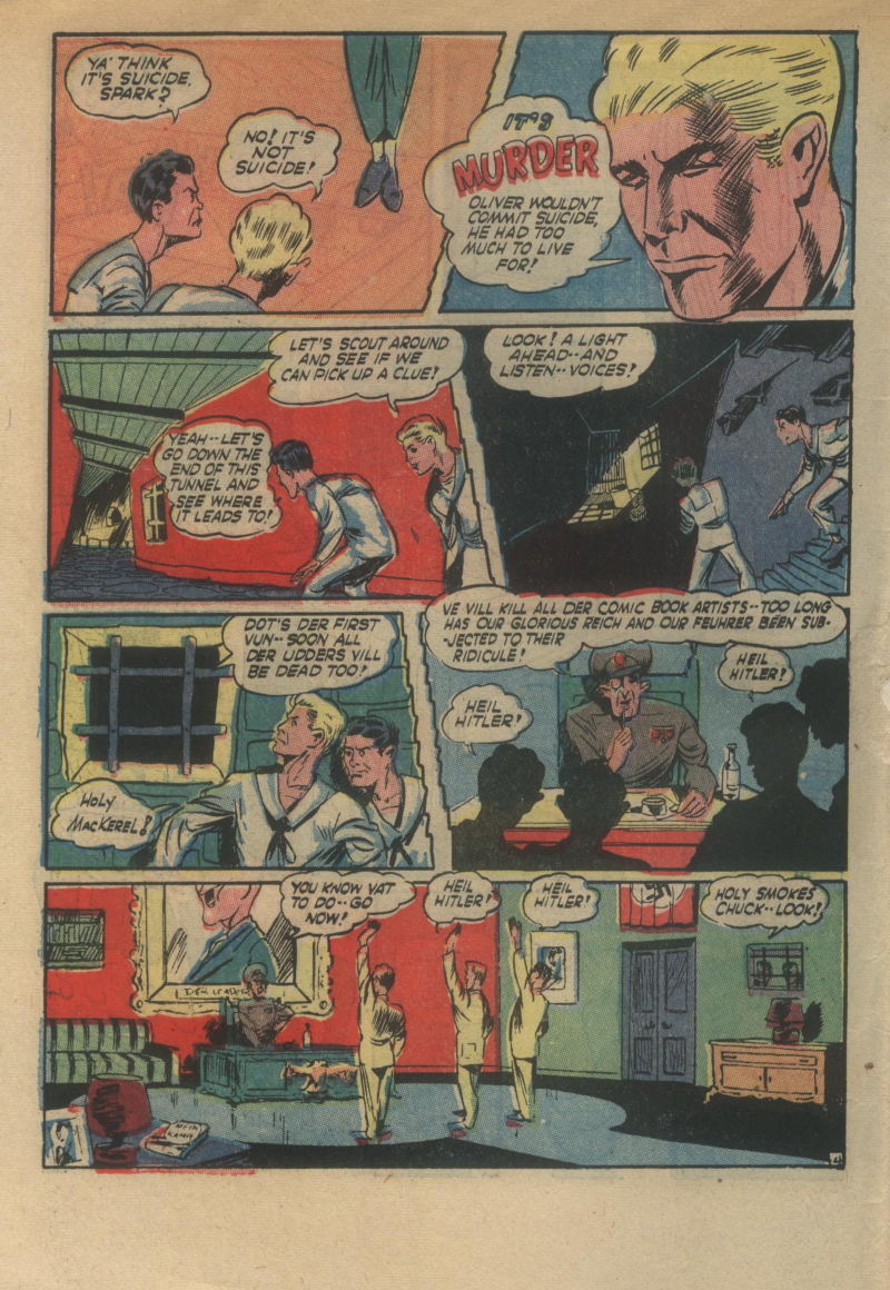 Blue Beetle (Fox / Dan Garrett), page 65. Blue Beetle (Dan Garrett). Public domain in the United States for Fox/Holyoke-era issues. Not Charlton or DC. Internet Archive folkscanomy scans used when Comic Book Plus returns 403.