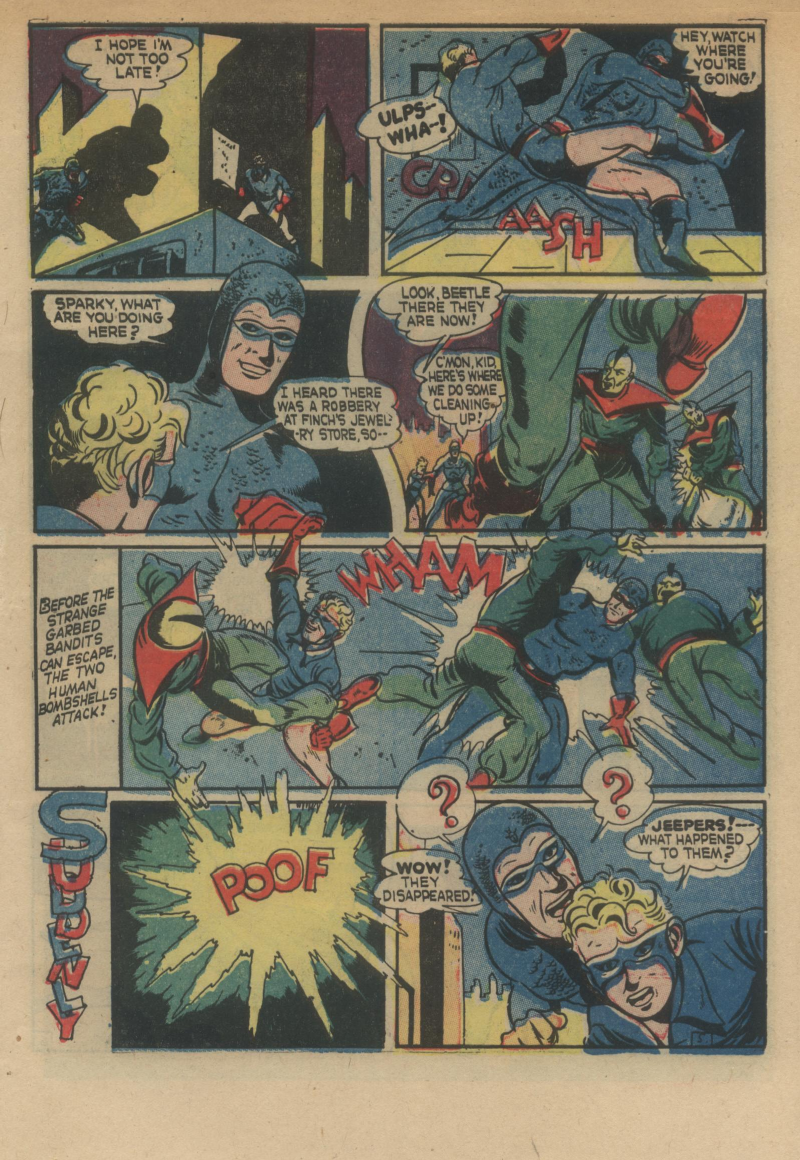 Blue Beetle (Fox / Dan Garrett), page 8. Blue Beetle (Dan Garrett). Public domain in the United States for Fox/Holyoke-era issues. Not Charlton or DC. Internet Archive folkscanomy scans used when Comic Book Plus returns 403.