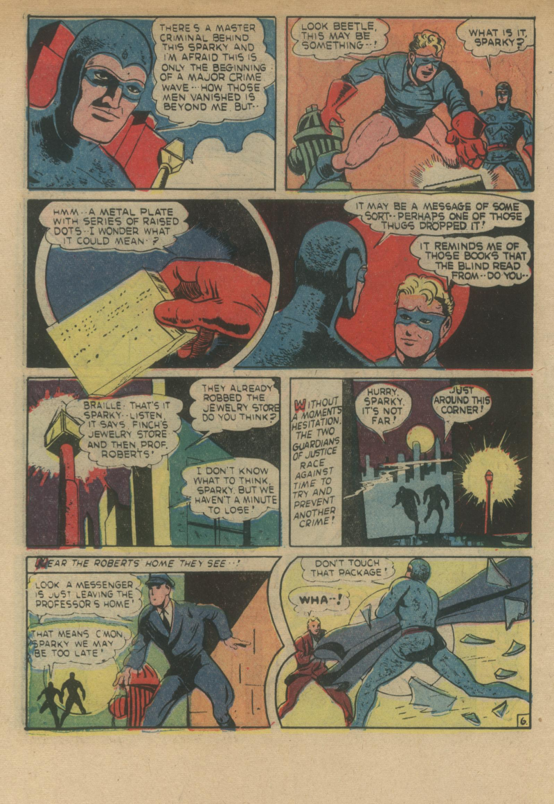 Blue Beetle (Fox / Dan Garrett), page 9. Blue Beetle (Dan Garrett). Public domain in the United States for Fox/Holyoke-era issues. Not Charlton or DC. Internet Archive folkscanomy scans used when Comic Book Plus returns 403.