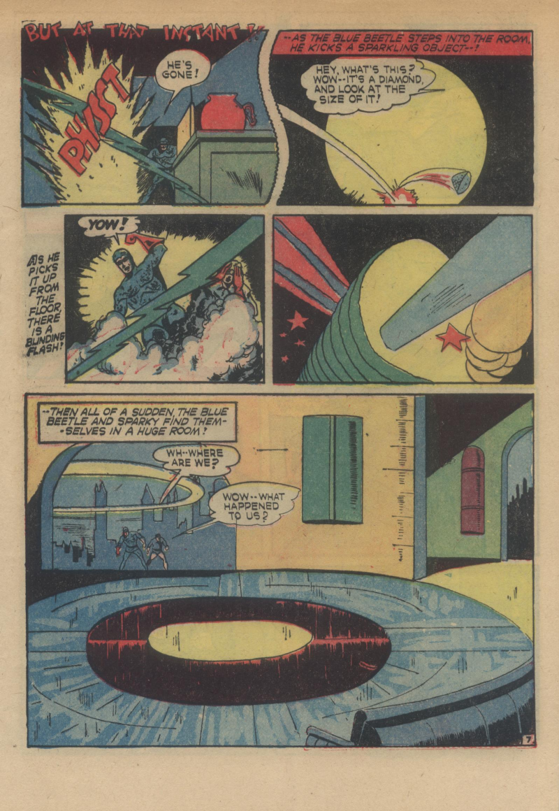 Blue Beetle (Fox / Dan Garrett), page 10. Blue Beetle (Dan Garrett). Public domain in the United States for Fox/Holyoke-era issues. Not Charlton or DC. Internet Archive folkscanomy scans used when Comic Book Plus returns 403.