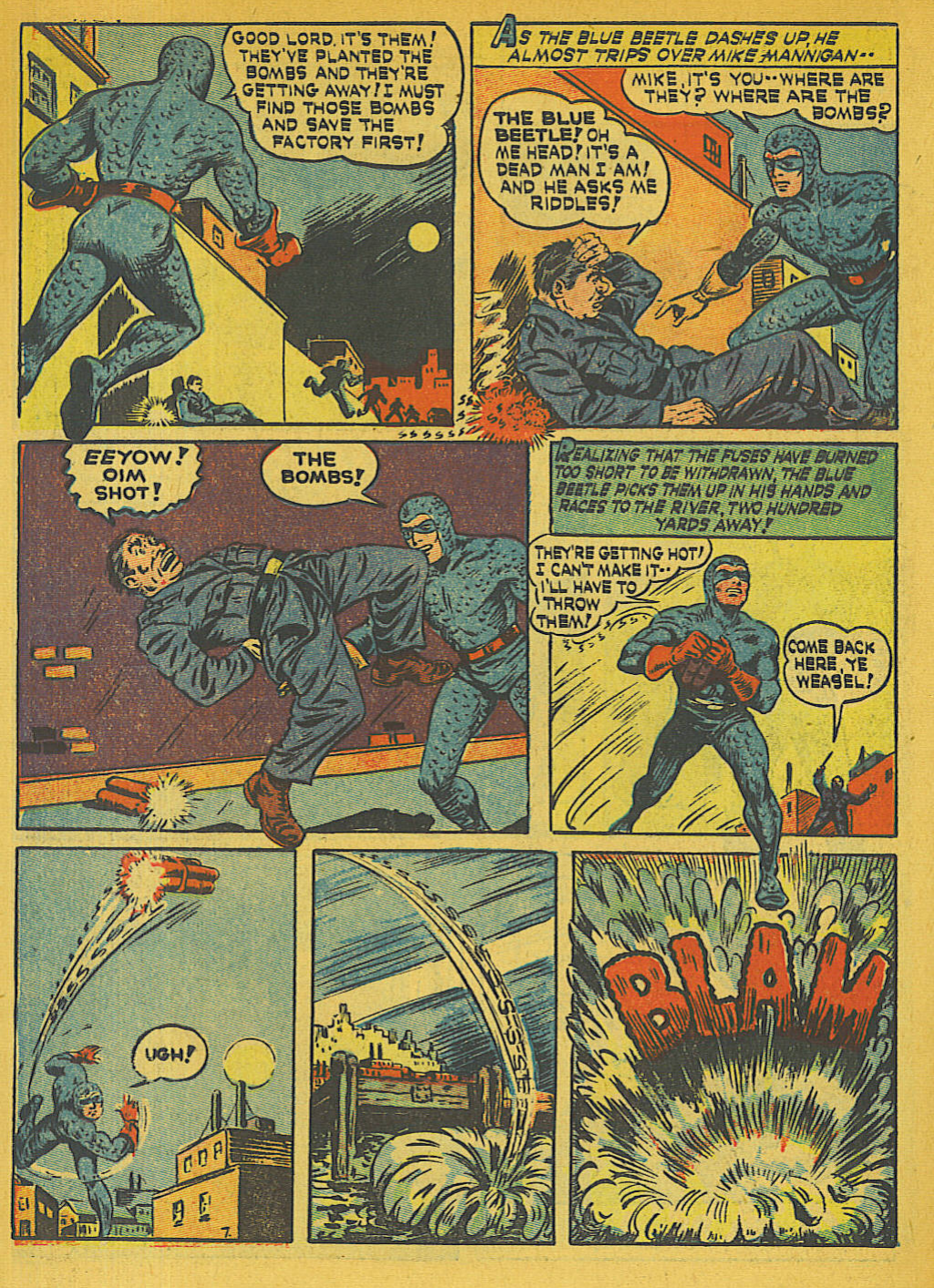 Blue Beetle (Fox / Dan Garrett), page 11. Blue Beetle (Dan Garrett). Public domain in the United States for Fox/Holyoke-era issues. Not Charlton or DC. Internet Archive folkscanomy scans used when Comic Book Plus returns 403.