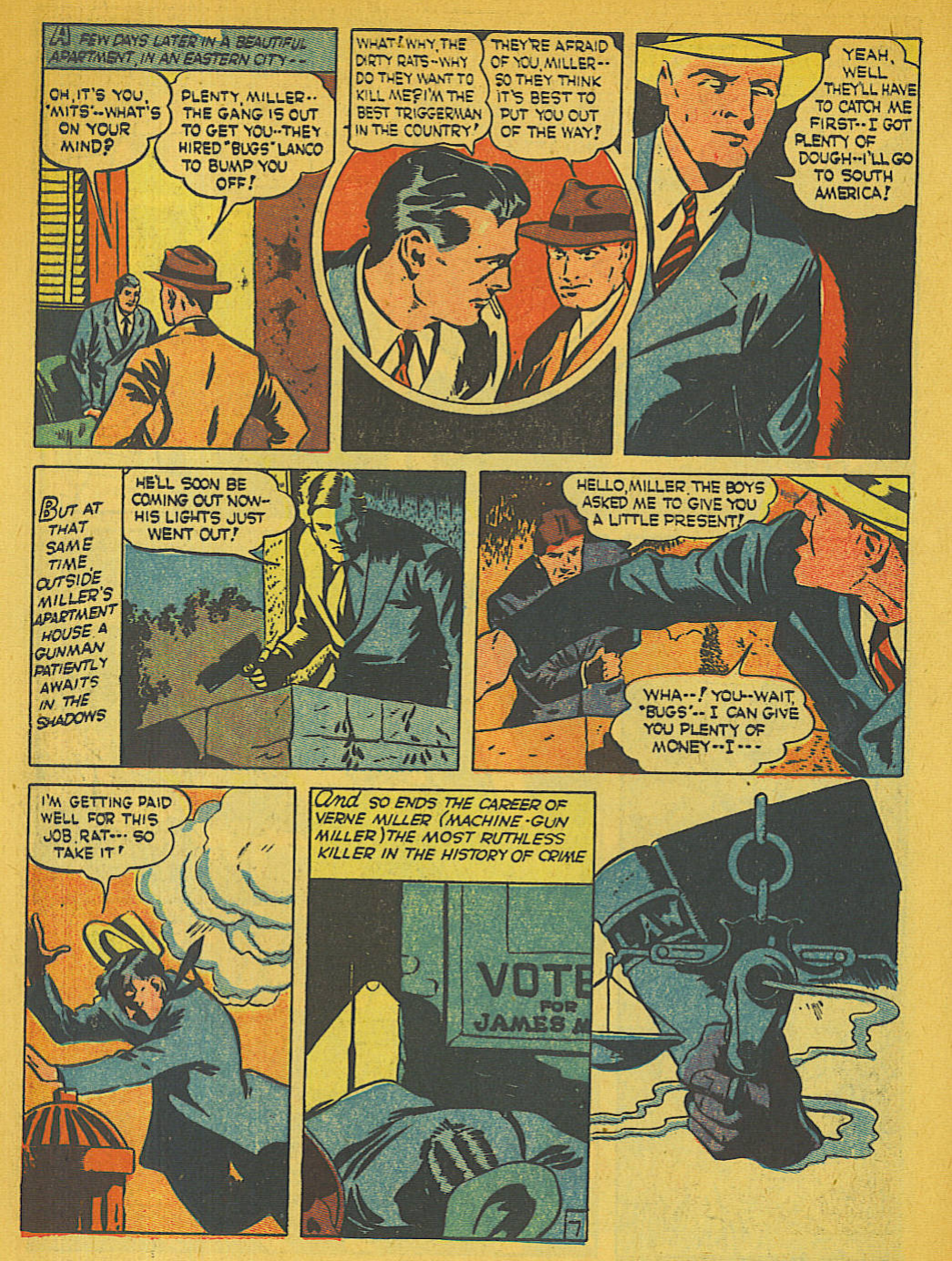 Blue Beetle (Fox / Dan Garrett), page 19. Blue Beetle (Dan Garrett). Public domain in the United States for Fox/Holyoke-era issues. Not Charlton or DC. Internet Archive folkscanomy scans used when Comic Book Plus returns 403.