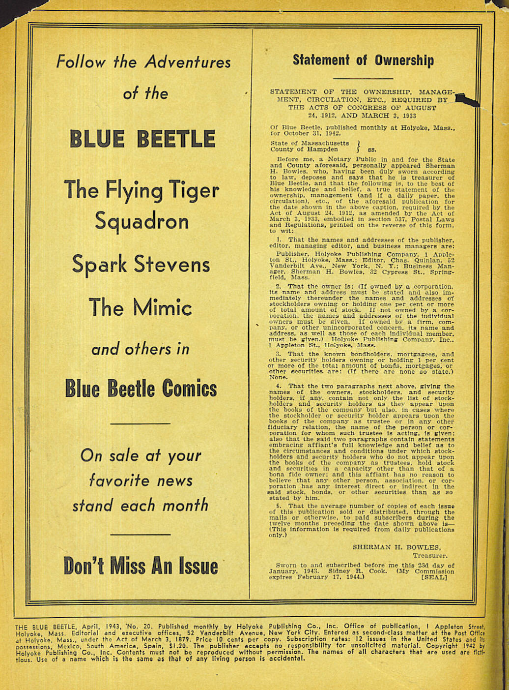 Blue Beetle (Fox / Dan Garrett), page 3. Blue Beetle (Dan Garrett). Public domain in the United States for Fox/Holyoke-era issues. Not Charlton or DC. Internet Archive folkscanomy scans used when Comic Book Plus returns 403.