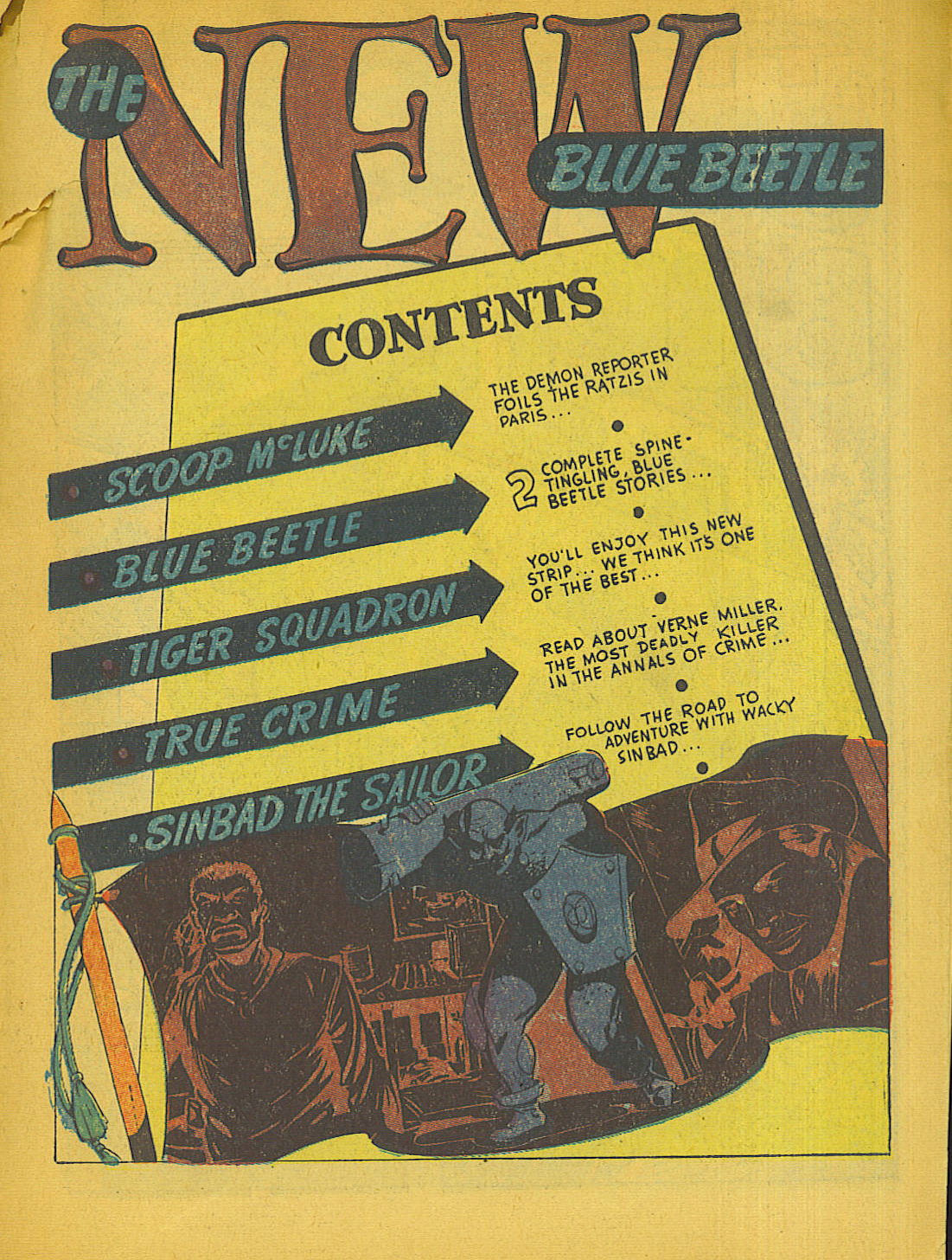 Blue Beetle (Fox / Dan Garrett), page 4. Blue Beetle (Dan Garrett). Public domain in the United States for Fox/Holyoke-era issues. Not Charlton or DC. Internet Archive folkscanomy scans used when Comic Book Plus returns 403.