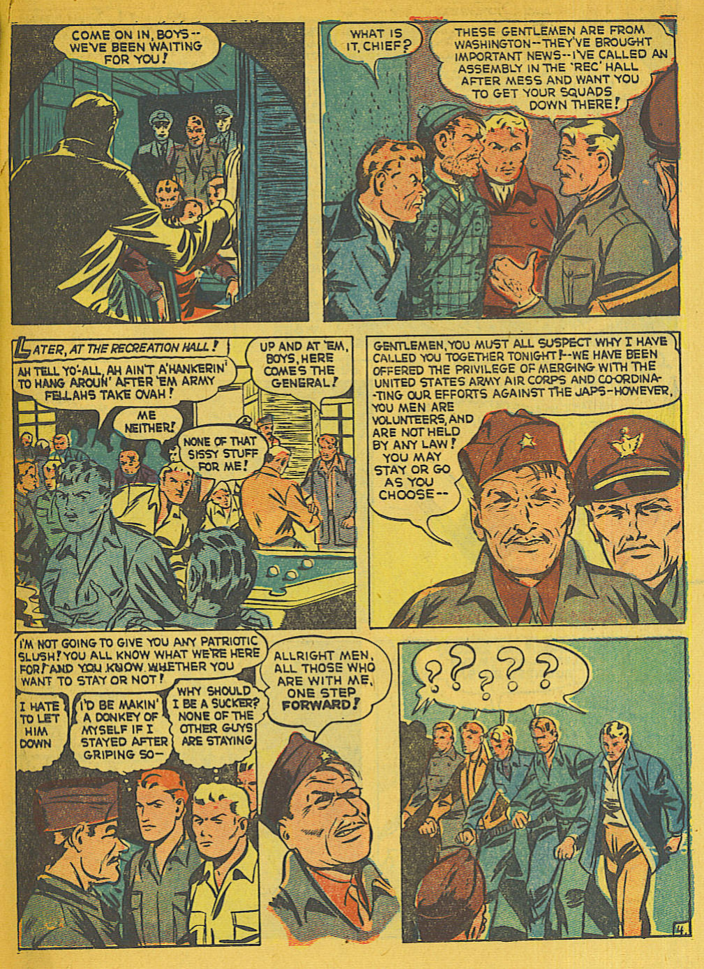 Blue Beetle (Fox / Dan Garrett), page 38. Blue Beetle (Dan Garrett). Public domain in the United States for Fox/Holyoke-era issues. Not Charlton or DC. Internet Archive folkscanomy scans used when Comic Book Plus returns 403.