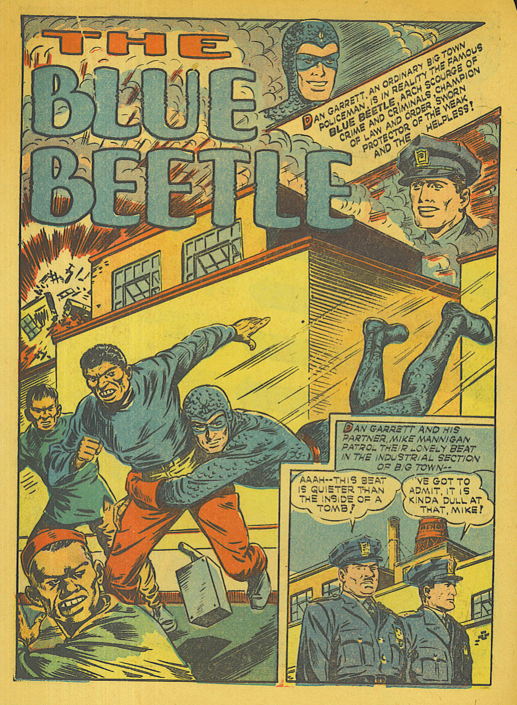 Blue Beetle (Fox / Dan Garrett), page 5. Blue Beetle (Dan Garrett). Public domain in the United States for Fox/Holyoke-era issues. Not Charlton or DC. Internet Archive folkscanomy scans used when Comic Book Plus returns 403.