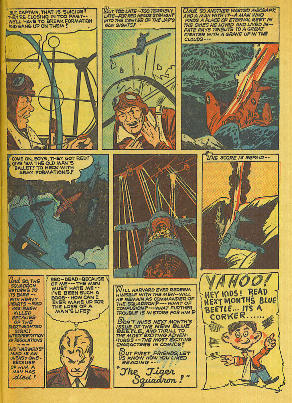 Blue Beetle (Fox / Dan Garrett), page 46. Blue Beetle (Dan Garrett). Public domain in the United States for Fox/Holyoke-era issues. Not Charlton or DC. Internet Archive folkscanomy scans used when Comic Book Plus returns 403.
