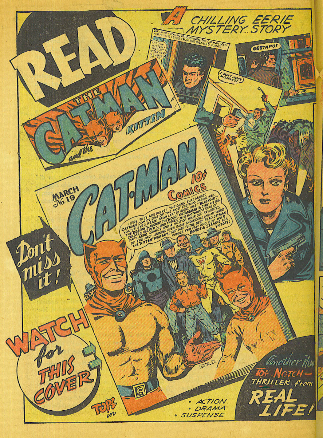 Blue Beetle (Fox / Dan Garrett), page 47. Blue Beetle (Dan Garrett). Public domain in the United States for Fox/Holyoke-era issues. Not Charlton or DC. Internet Archive folkscanomy scans used when Comic Book Plus returns 403.