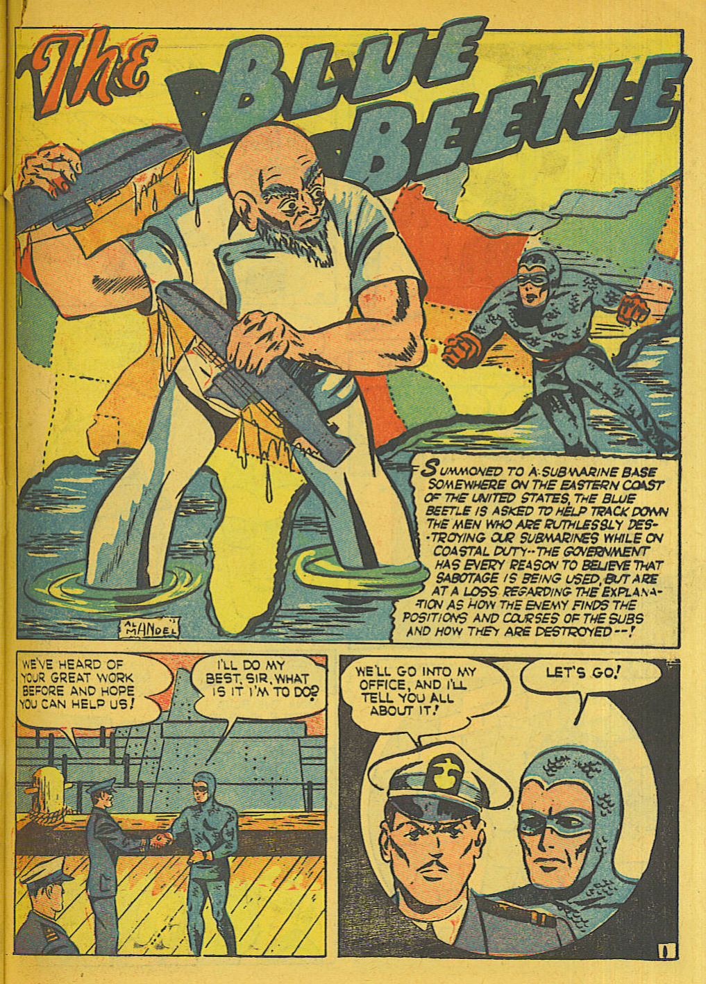 Blue Beetle (Fox / Dan Garrett), page 48. Blue Beetle (Dan Garrett). Public domain in the United States for Fox/Holyoke-era issues. Not Charlton or DC. Internet Archive folkscanomy scans used when Comic Book Plus returns 403.