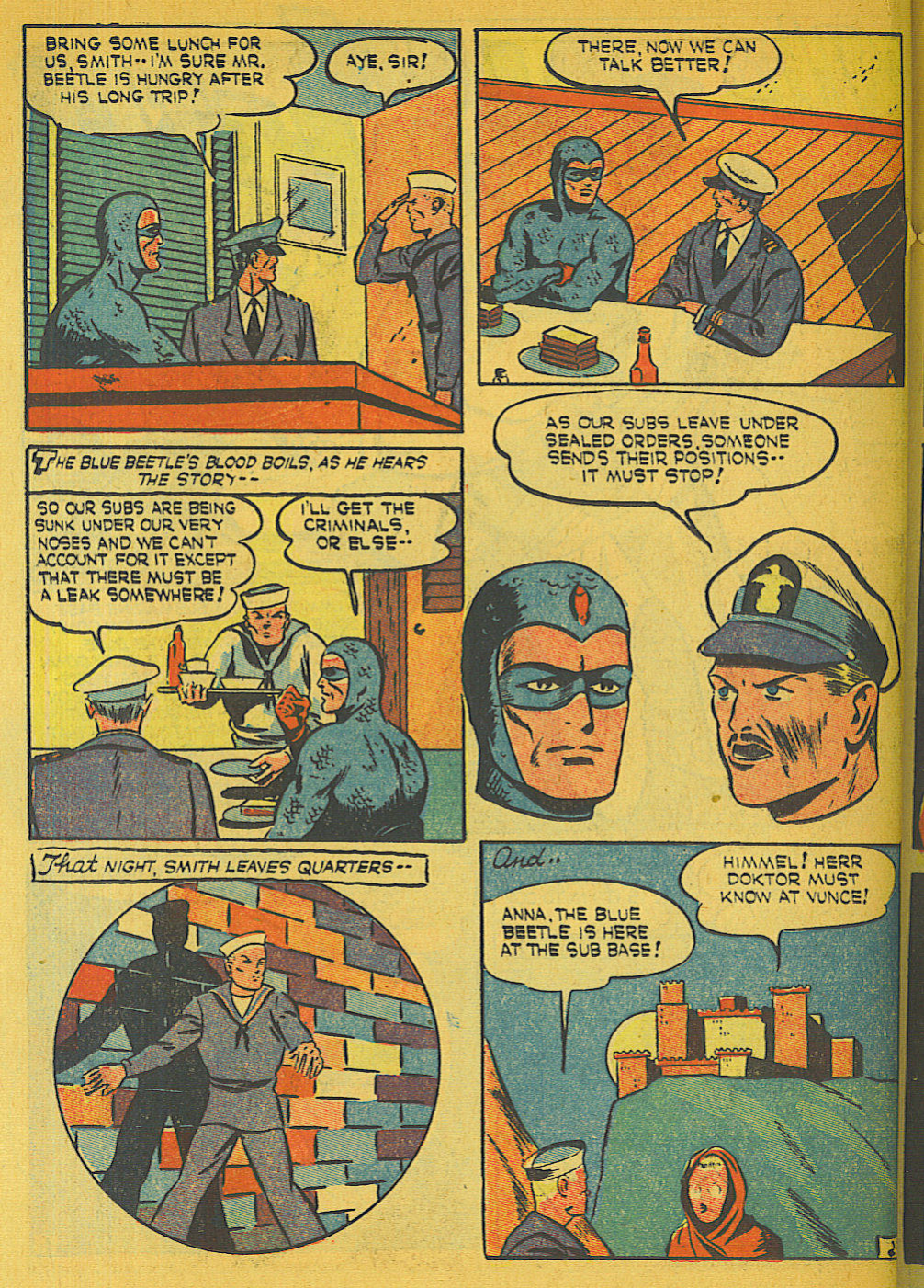 Blue Beetle (Fox / Dan Garrett), page 49. Blue Beetle (Dan Garrett). Public domain in the United States for Fox/Holyoke-era issues. Not Charlton or DC. Internet Archive folkscanomy scans used when Comic Book Plus returns 403.
