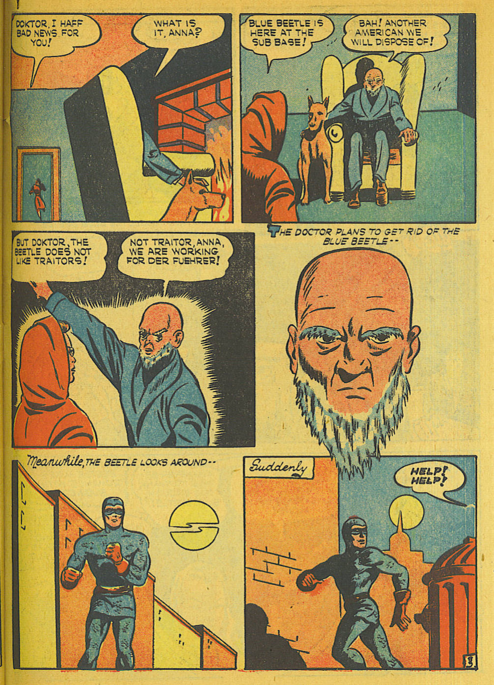 Blue Beetle (Fox / Dan Garrett), page 50. Blue Beetle (Dan Garrett). Public domain in the United States for Fox/Holyoke-era issues. Not Charlton or DC. Internet Archive folkscanomy scans used when Comic Book Plus returns 403.