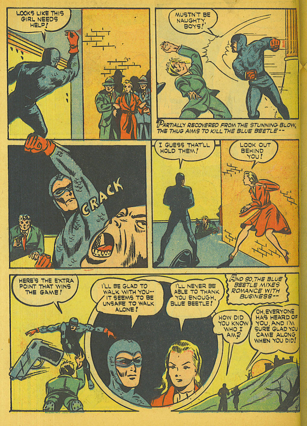 Blue Beetle (Fox / Dan Garrett), page 51. Blue Beetle (Dan Garrett). Public domain in the United States for Fox/Holyoke-era issues. Not Charlton or DC. Internet Archive folkscanomy scans used when Comic Book Plus returns 403.