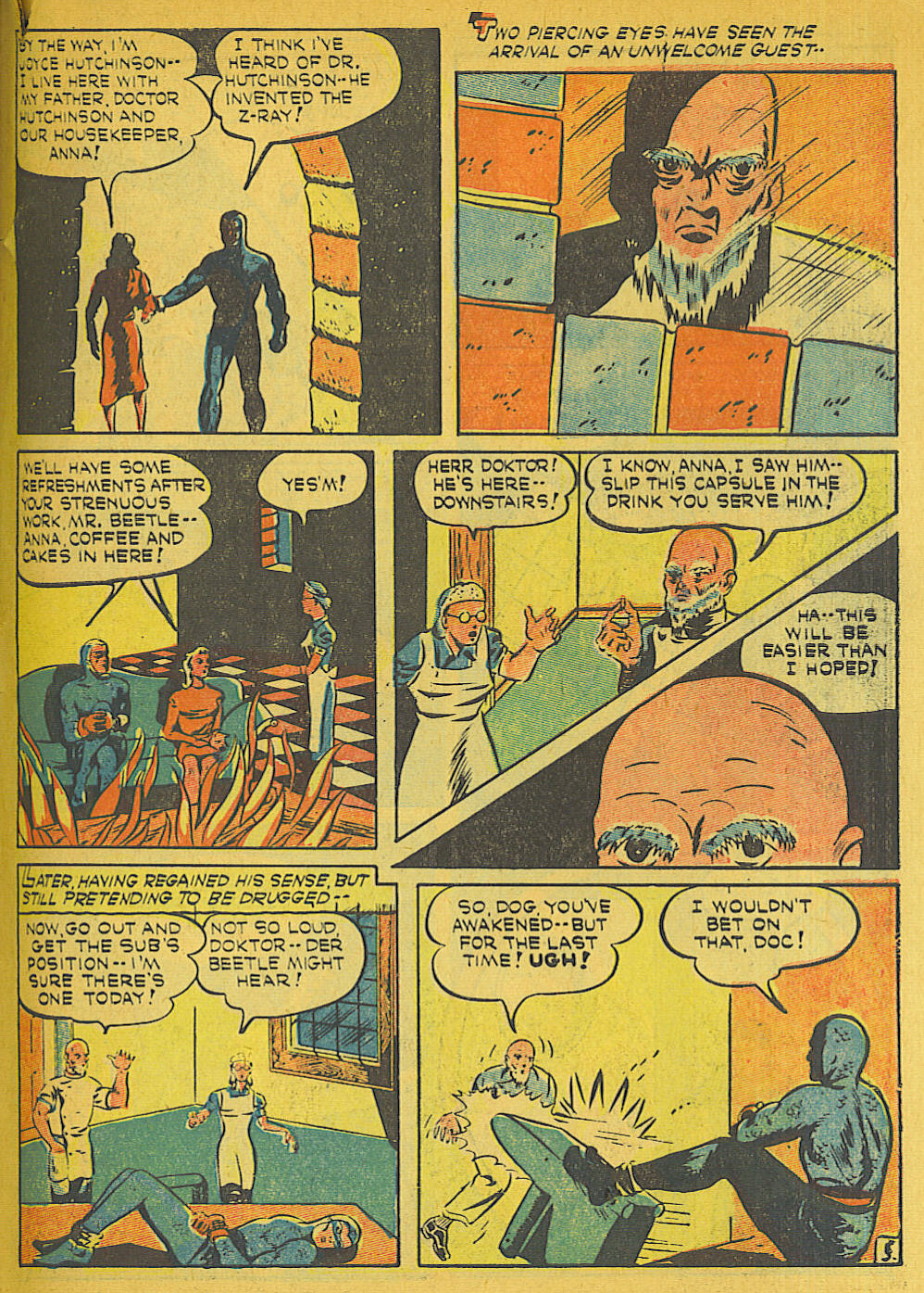 Blue Beetle (Fox / Dan Garrett), page 52. Blue Beetle (Dan Garrett). Public domain in the United States for Fox/Holyoke-era issues. Not Charlton or DC. Internet Archive folkscanomy scans used when Comic Book Plus returns 403.