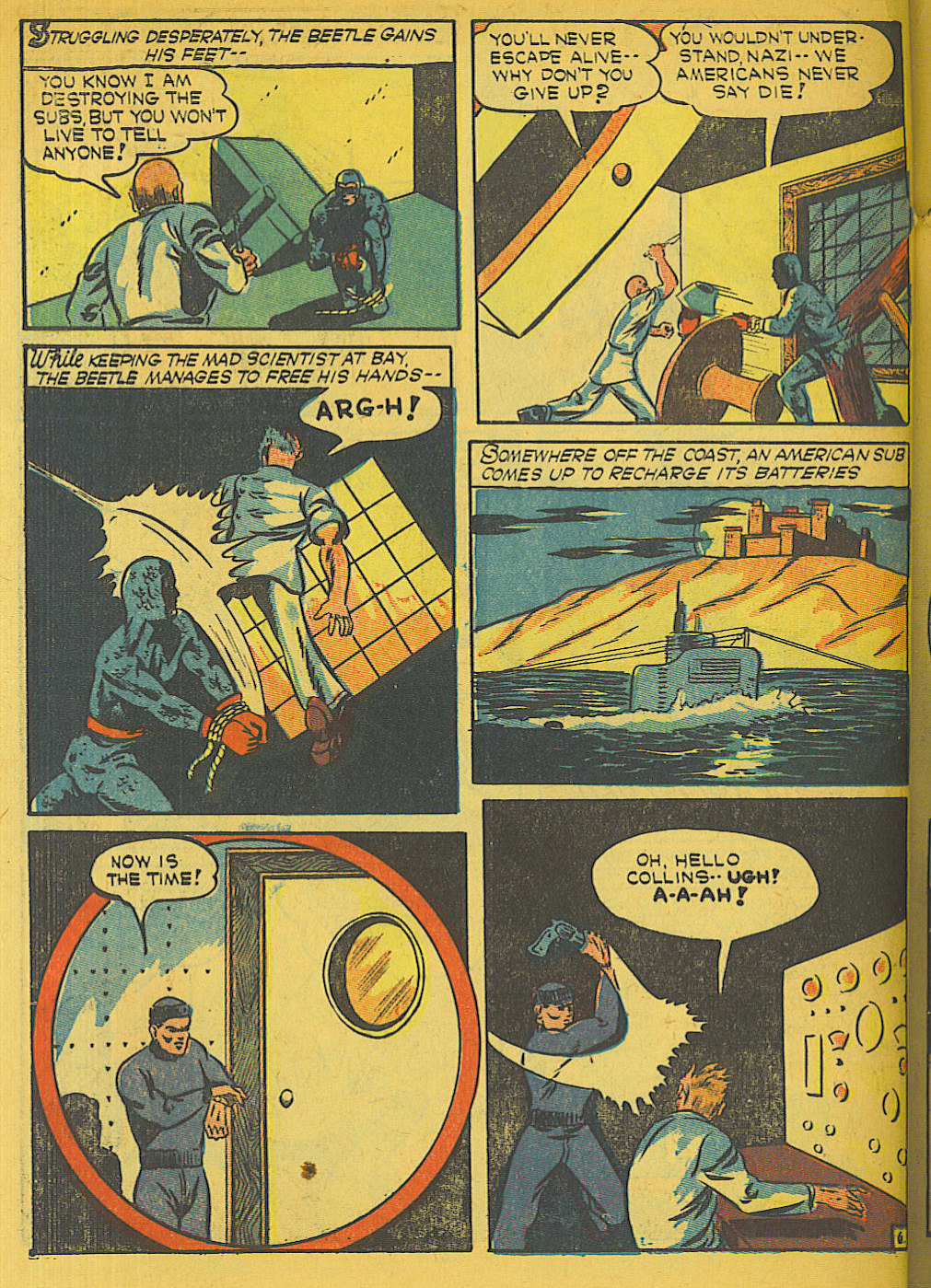 Blue Beetle (Fox / Dan Garrett), page 53. Blue Beetle (Dan Garrett). Public domain in the United States for Fox/Holyoke-era issues. Not Charlton or DC. Internet Archive folkscanomy scans used when Comic Book Plus returns 403.