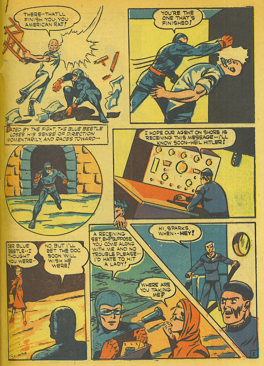 Blue Beetle (Fox / Dan Garrett), page 54. Blue Beetle (Dan Garrett). Public domain in the United States for Fox/Holyoke-era issues. Not Charlton or DC. Internet Archive folkscanomy scans used when Comic Book Plus returns 403.