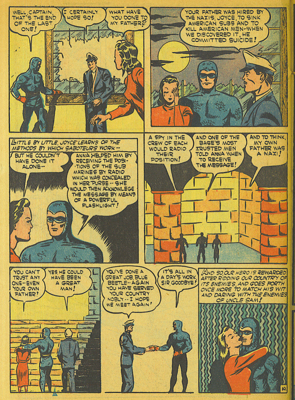 Blue Beetle (Fox / Dan Garrett), page 57. Blue Beetle (Dan Garrett). Public domain in the United States for Fox/Holyoke-era issues. Not Charlton or DC. Internet Archive folkscanomy scans used when Comic Book Plus returns 403.