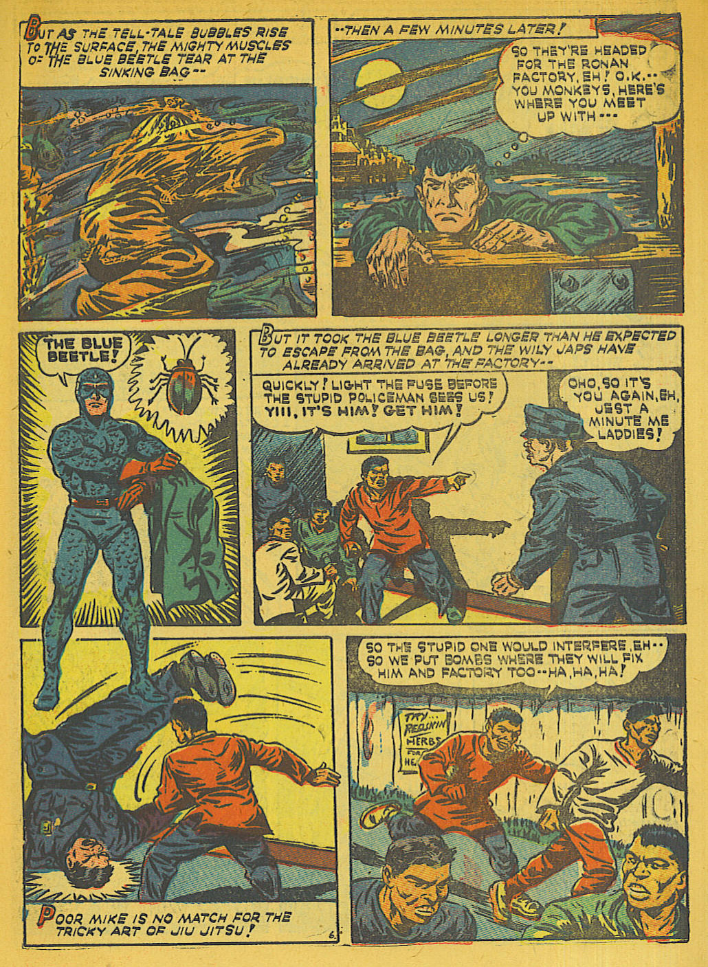 Blue Beetle (Fox / Dan Garrett), page 10. Blue Beetle (Dan Garrett). Public domain in the United States for Fox/Holyoke-era issues. Not Charlton or DC. Internet Archive folkscanomy scans used when Comic Book Plus returns 403.